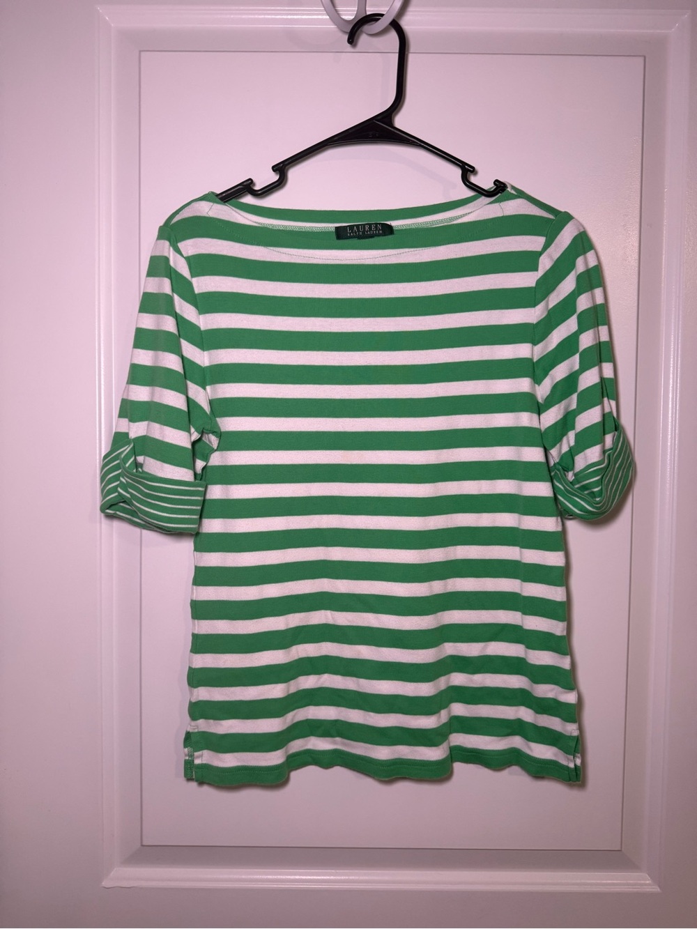 Ralph Lauren Green & White Striped Boatneck Top